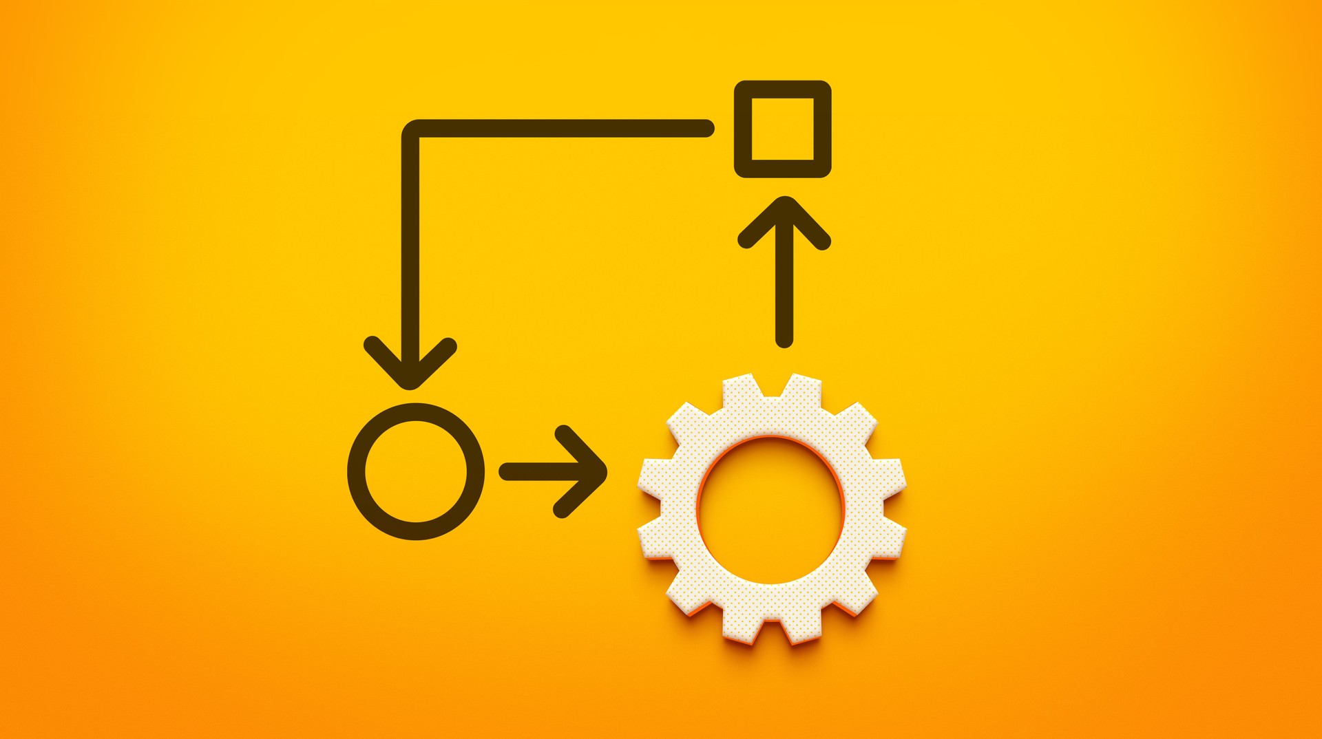 Strategy Concept with 3D Gear and Arrows Following a Circular and Square Path – 3D Rendering.