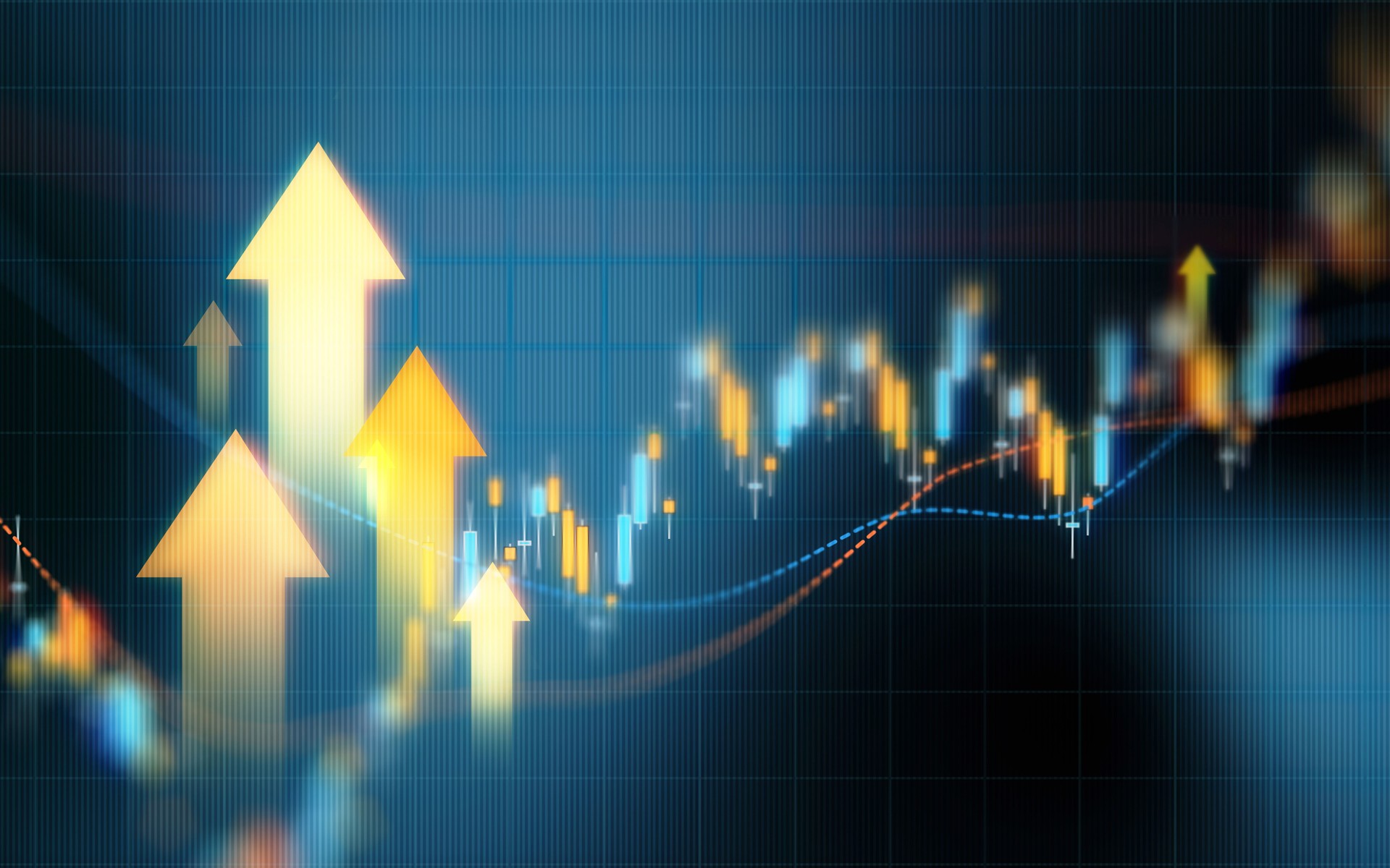 Investment And Finance Concept - Yellow Up Arrows Over Blue Financial Graph Background